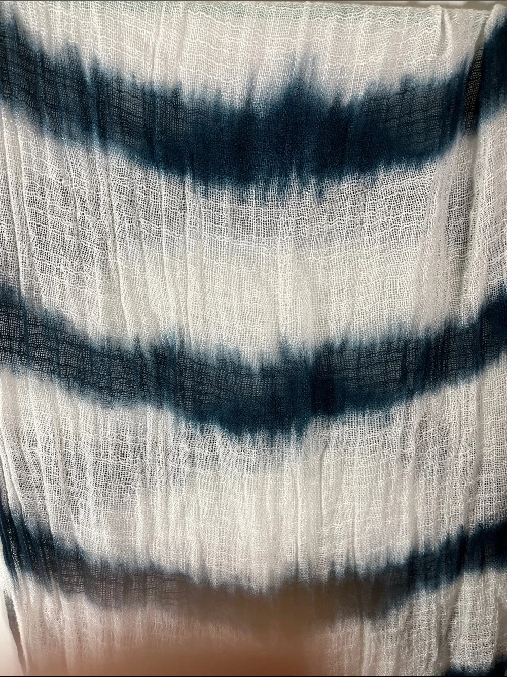 Lightweight Gauge scarf blue & white diagonal tie dye stripes & fringed end